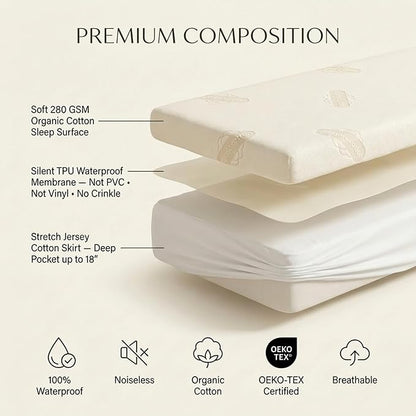 Deluxe Waterproof Organic Mattress Protector Full Size - OCS Certified Organic Cotton Breathable Mattress Pad Cover - Premium 280 GSM - Jersey Cotton Skirt - Deep Pocket Fitted Style