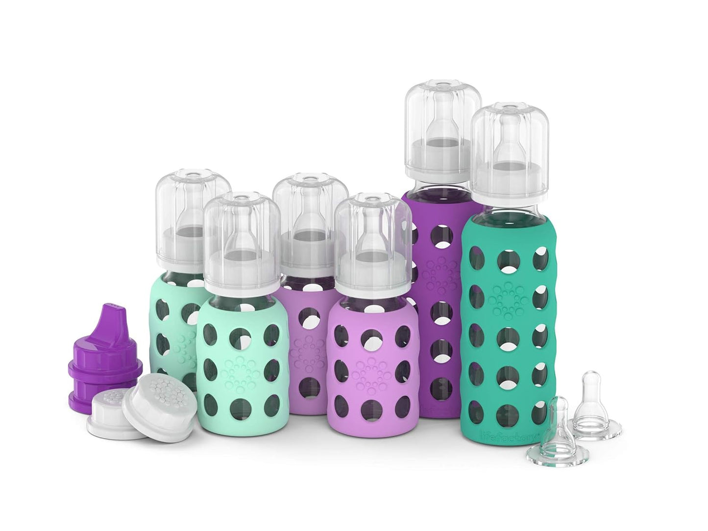 Lifefactory Baby Bottle Starter Set 10-Piece | 4 oz Mint & Blanket, 9 oz Kale & Blueberry | Includes Flat Caps, Sippy Caps, Stage 2 Nipples