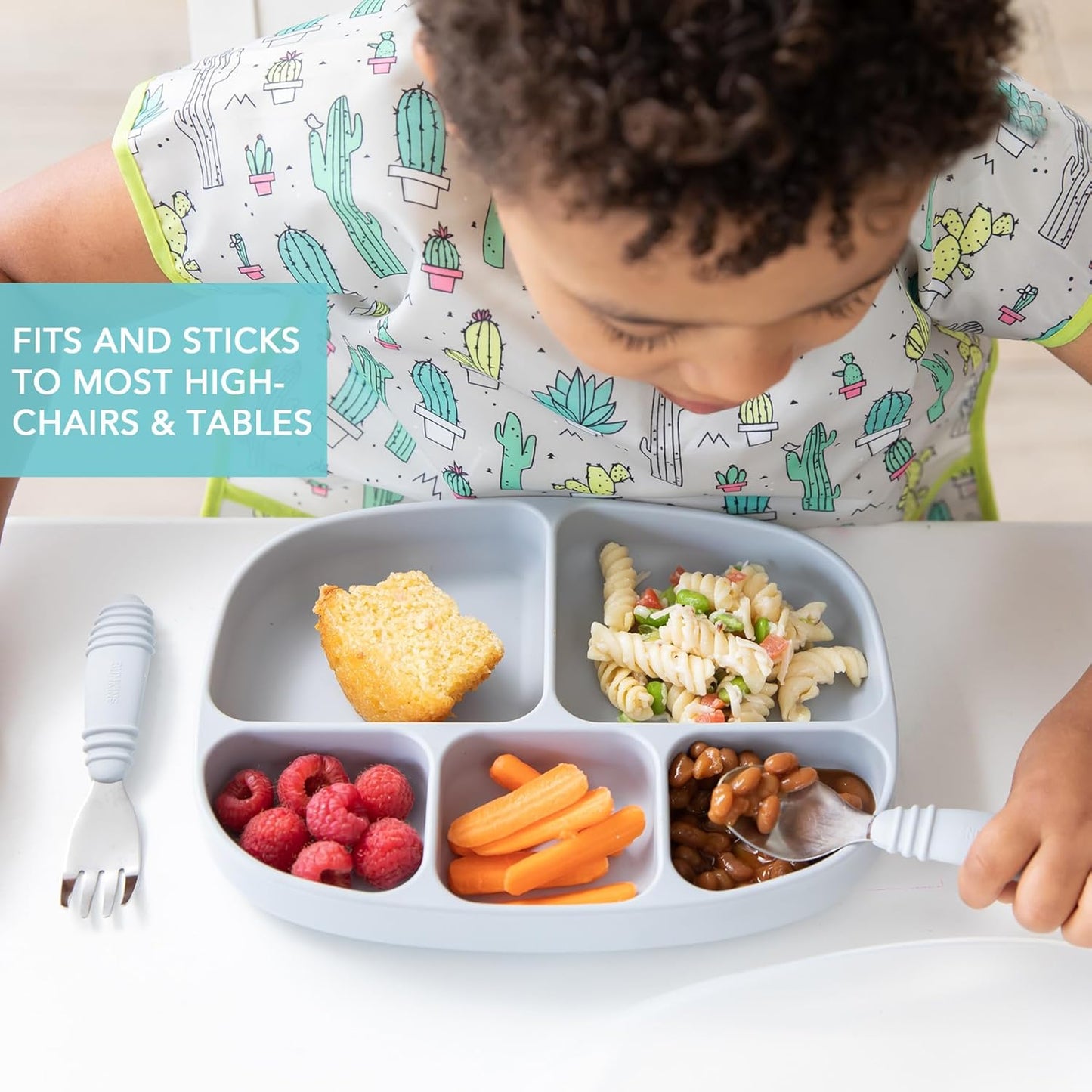 Bumkins Toddler and Baby Suction Plate, Divided Grip Dish for Babies and Kids, Baby Led Weaning, Feeding Supplies, Sticks to Tables and Highchairs, Platinum Silicone, for Chidren 6 Months, Gray