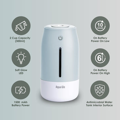 Aqua Glo Personal, Portable Humidifiers for Bedroom – Ultrasonic Cool Mist Humidifier with Built In Rechargeable Battery. Air Humidifier for Baby, Plants, Home, Office, Travel. Lavender