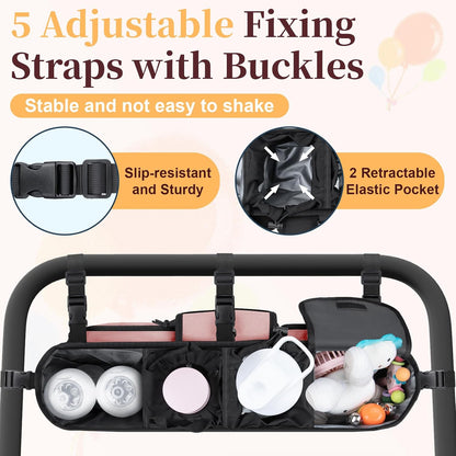 GDNasist Double Stroller Organizer Compatible with Bob Duallie and Baby Jogger City Mini GT2, Double Baby Stroller Accessories with Cooler Bag, Parent Console Double Jogging Stroller Caddy, Black