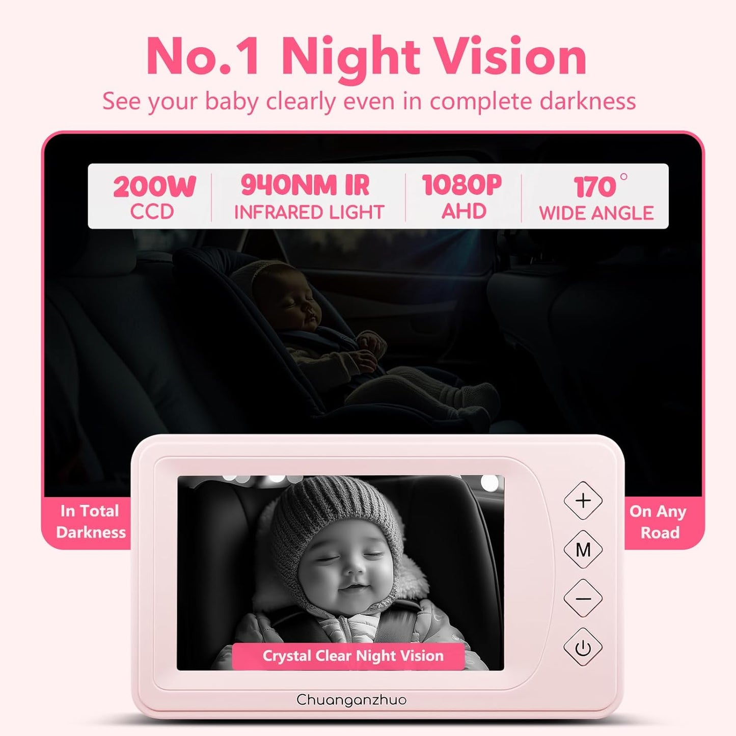 5'' Baby Car Camera with NO.1 Night Vision, USB Powered, Mirror/Normal Mode, 1080P IPS Crystal-Clear Car Baby Monitor With Brightness Setting & 3X Zoom, infant Backseat Camera, S100U, 5inch Black