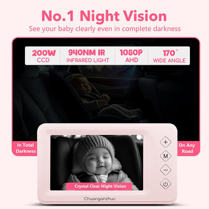 5'' Baby Car Camera with NO.1 Night Vision, USB Powered, Mirror/Normal Mode, 1080P IPS Crystal-Clear Car Baby Monitor With Brightness Setting & 3X Zoom, infant Backseat Camera, S100U, 5inch Black