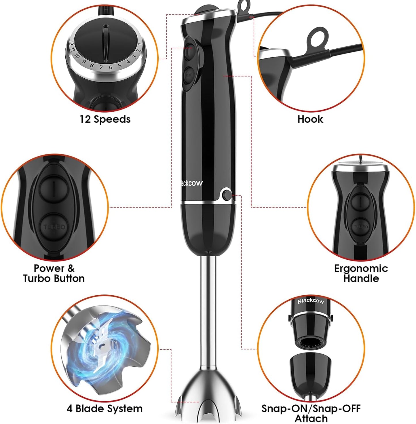 Blackcow Immersion Blender Handheld, 800W Powerful Electric Hand Blender with Titanium Alloy Blades, 12 Speeds & Turbo, Electric Hand Mixer for Smoothies, Soups, Baby Food and Purees
