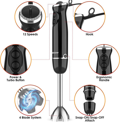 Blackcow Immersion Blender Handheld, 800W Powerful Electric Hand Blender with Titanium Alloy Blades, 12 Speeds & Turbo, Electric Hand Mixer for Smoothies, Soups, Baby Food and Purees