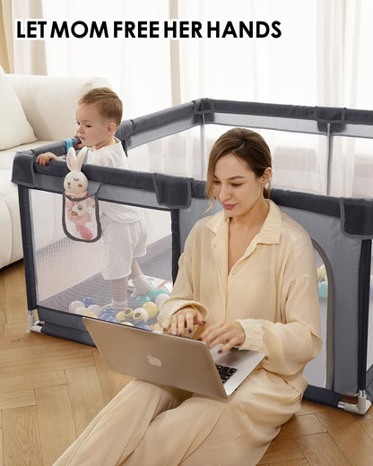Baby Playpen with Mat, 71" x 59" Extra Large Play Yard for Babies and Toddlers, Baby Fence with Soft Thick Play Mat, Indoor Safety Activity Center for Infants, Easy to Assemble and Clean（Gray）