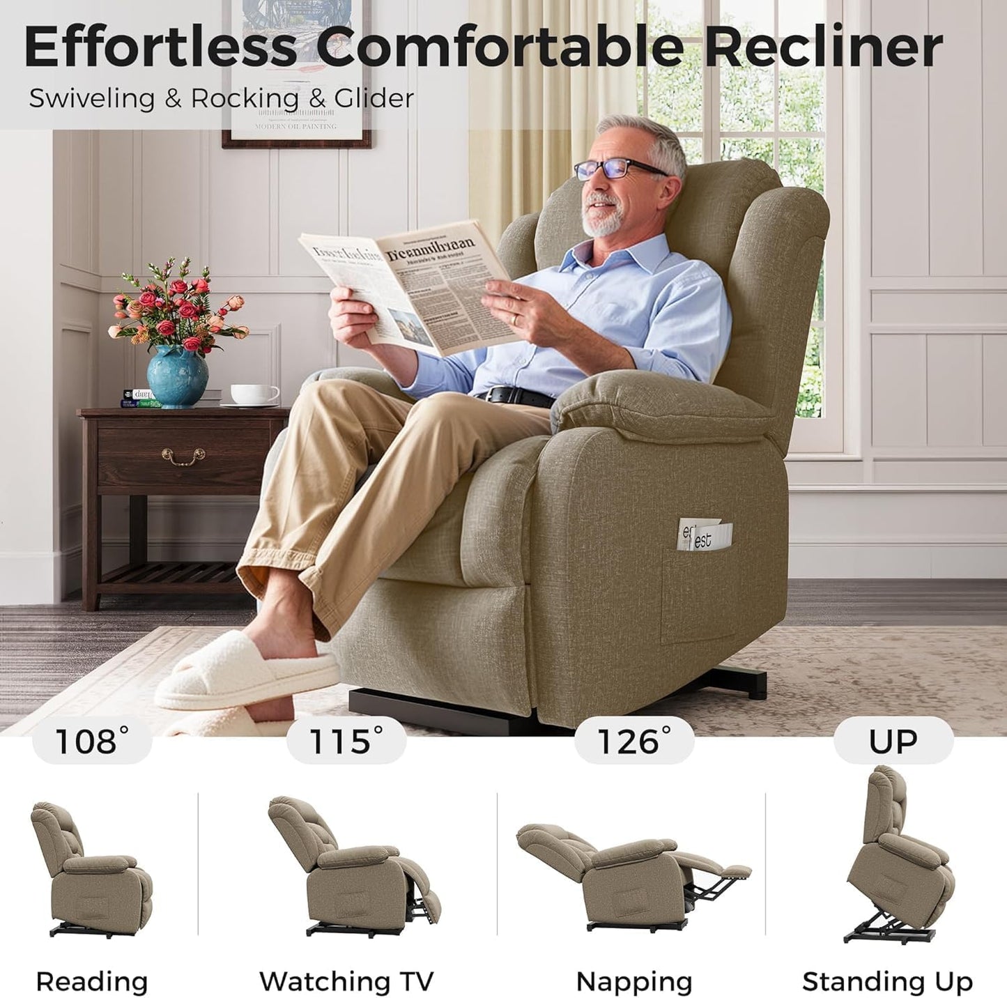 Amopatio Swivel Glider Recliner for Indoor, Nursery Rocker Chair Upholstered Single Sofa with Side Pockets and Footrest for Living Room Bedroom