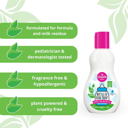 Dapple Baby Fragrance Free Bottle & Dish Soap - (3 Pack) 16.9 fl oz - Cleans Baby Bottles, Sippy Cups, Pacifiers, Breast Pumps, & More - Gently Removes Milk Film & Odors - Includes 1 Pump