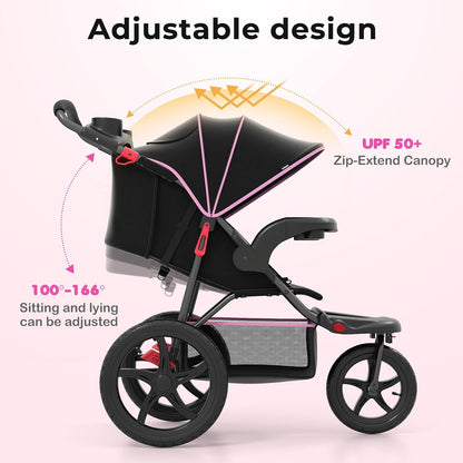 INFANS Jogging Stroller, Foldable Jogger with Air-Filled Tires Shock Absorbing Suspension Adjustable Backrest, Baby Running Strollers