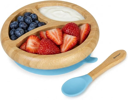 Abiie Octopod Bamboo Dish - Kids Plates for 4 months and up, 3-Compartment Baby Plates with Suction, Triangle Bamboo Baby Plate, Mess-Free Toddler Suction Plates, Baby Feeding Supplies, 8.3x1.9x7.7 in