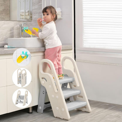 Onasti Foldable Toddler Step Stool for Bathroom Sink, Adjustable 3 Step Stool for Kids Toilet Potty Training Stool with Handles, Child Kitchen Counter Stool Helper, Plastic Ladder for Toddlers Pink