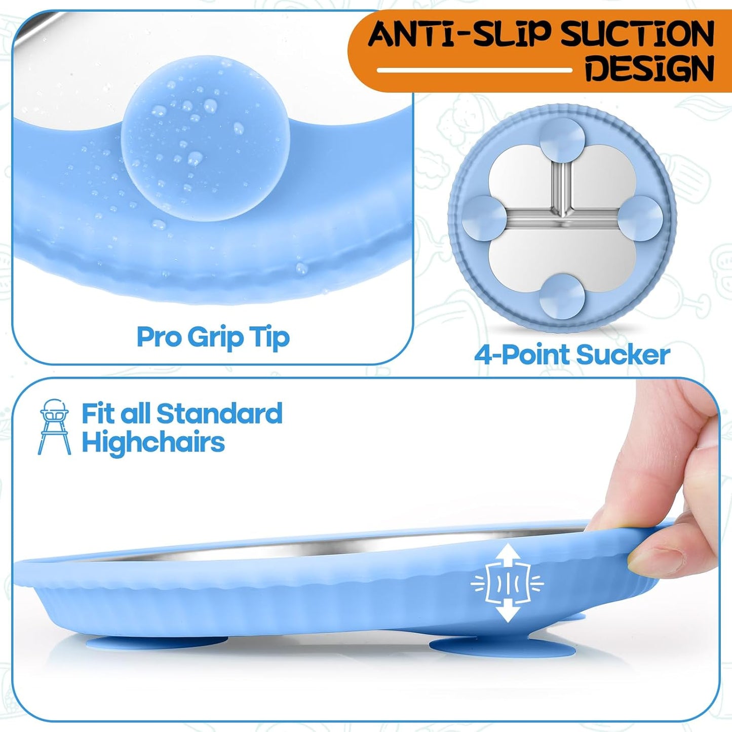 Stainless Steel Kids Plates with Suction, 2Pack 9" Divided Toddler Plates Removable Non Slip Silicone Sleeves Baby Feeding Led Weaning Supplies, BPA Free, Unbreakable Dishwasher Safe
