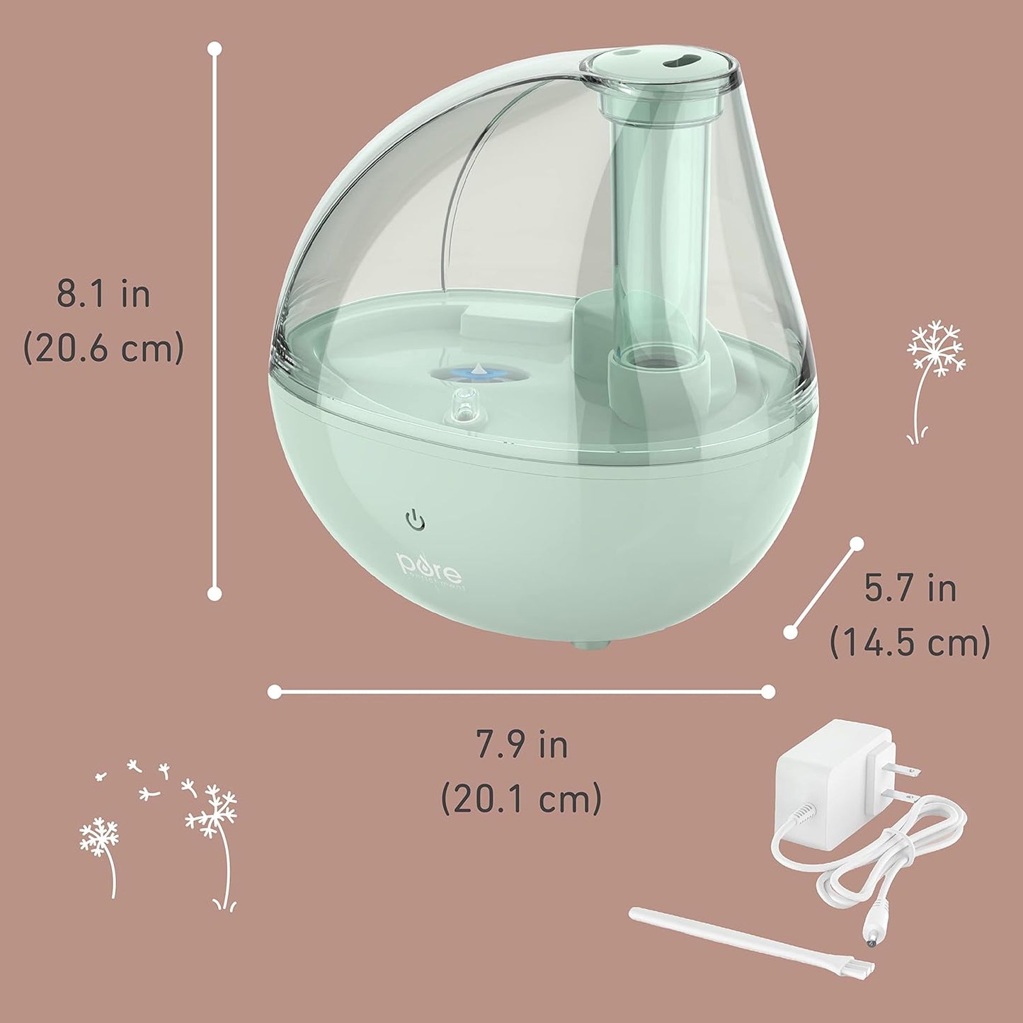 Pure Enrichment MistAire Silver Ultrasonic Cool Mist Humidifier for Bedroom, Office, Nursery & Indoor Plants - Lasts Up to 25 Hours, Whisper-Quiet Operation, Optional Night Light, & Auto Shut-Off