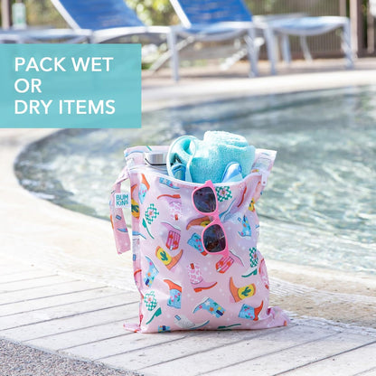 Bumkins Roamio Waterproof Wet Bag for Baby, Travel, Swim Suit, Cloth Diapers, Pump Parts, Pool, Beach, Gym Clothes, Toiletry, Hook to Stroller, Daycare, Zip Reusable Wetdry Packing Pouch, Multi Check - Colors B