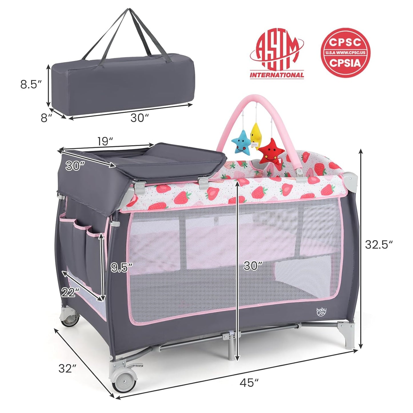 BABY JOY 4 in 1 Pack and Play, Portable Baby Playard with Bassinet, Side Zipper Door, Changing Table, Indoor Outdoor Travel Nursery Center w/Hanging Bar, Lockable Wheels, Carry Bag