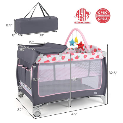 BABY JOY 4 in 1 Pack and Play, Portable Baby Playard with Bassinet, Side Zipper Door, Changing Table, Indoor Outdoor Travel Nursery Center w/Hanging Bar, Lockable Wheels, Carry Bag