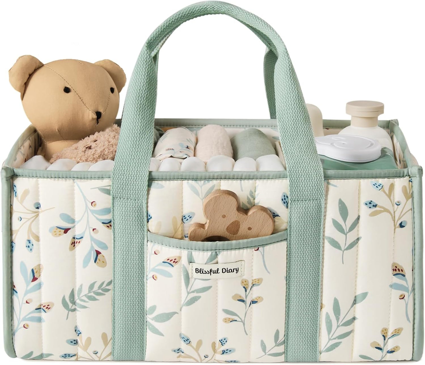 Blissful Diary Floral Diaper Caddy Organizer, Stylish Nursery Storage Basket, Gift for Baby Shower, Newborn Essentials, Floral Beige