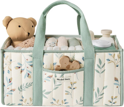 Blissful Diary Floral Diaper Caddy Organizer, Stylish Nursery Storage Basket, Gift for Baby Shower, Newborn Essentials, Floral Beige