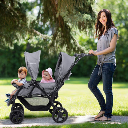 BABY JOY Double Stroller, Foldable Lightweight Twin Stroller with Tandem Seating, Adjustable Backrest/Canopy/Footrest, 5-Point Harness, Storage Basket, Newborn and Toddler (Black)