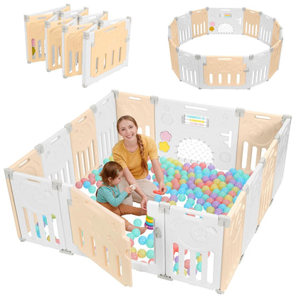Baby Playpen, Dripex Baby Playard for Babies and Toddlers, 14-Panel Foldable Playpen Adjustable Portable Play Area, Indoor/Outdoor Kids Active Center with Game Panel & Safety Gate, Grey White