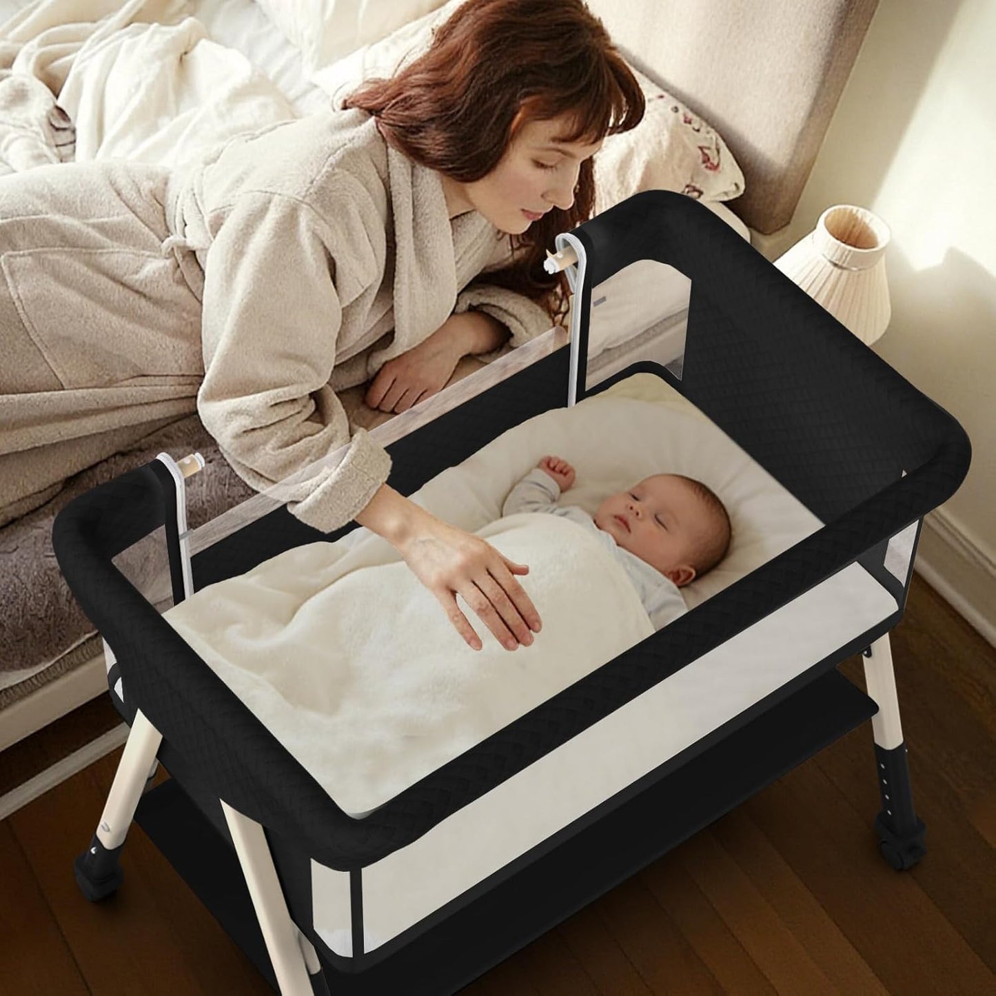 Baby Bassinet, 3-in-1 Baby Bassinets Bedside Sleeper for Newborn with Breathable Mesh, Portable Baby Crib with 4- Adjustable Height, Mattress, Storage Basket & Lockable Wheels, CPSC Beige