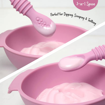 PrimaStella Unbreakable Silicone Non-Slip Bowl and Chew Spoon Set for Babies and Toddlers (Rainbow Swirl)