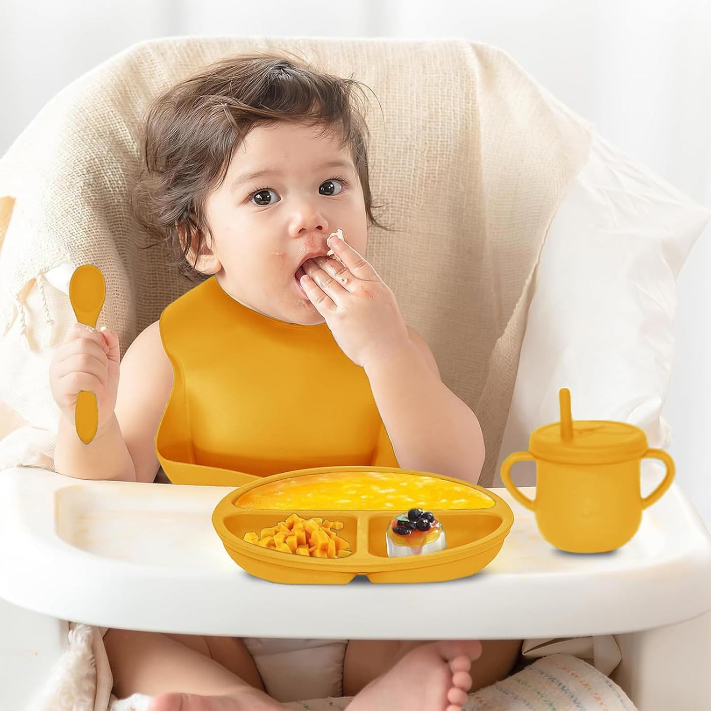 100% Silicone Baby Feeding Set, BPA Free Baby Dishes with Suction Bowl, Divided Plate, Toddler Self Feeding Dish Set with Spoons, Forks, Sippy Cup and Bib, Baby Eating Utensils (Navy Blue)