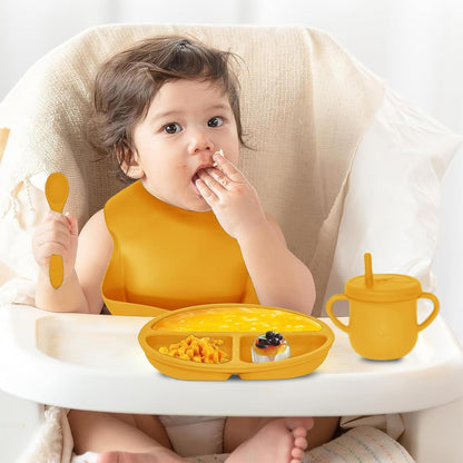 100% Silicone Baby Feeding Set, BPA Free Baby Dishes with Suction Bowl, Divided Plate, Toddler Self Feeding Dish Set with Spoons, Forks, Sippy Cup and Bib, Baby Eating Utensils (Navy Blue)