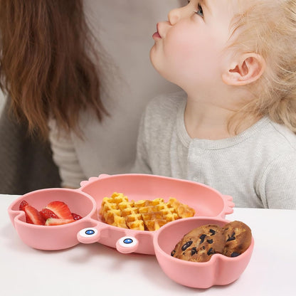 ROCCED Suction Plates for Baby, Silicone Plates with Suction Divided, Baby Spoon Fork Set for Toddler Baby Dishes Kids Utensils-Crab Dusty Blue