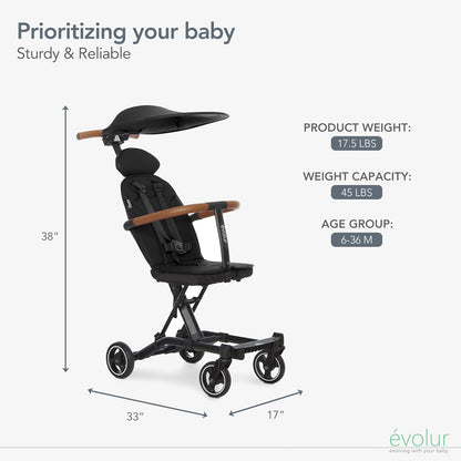 Evolur Cruise Rider Stroller with Canopy, Lightweight Umbrella Stroller with Compact Fold, Easy to Carry Travel Stroller - Cognac