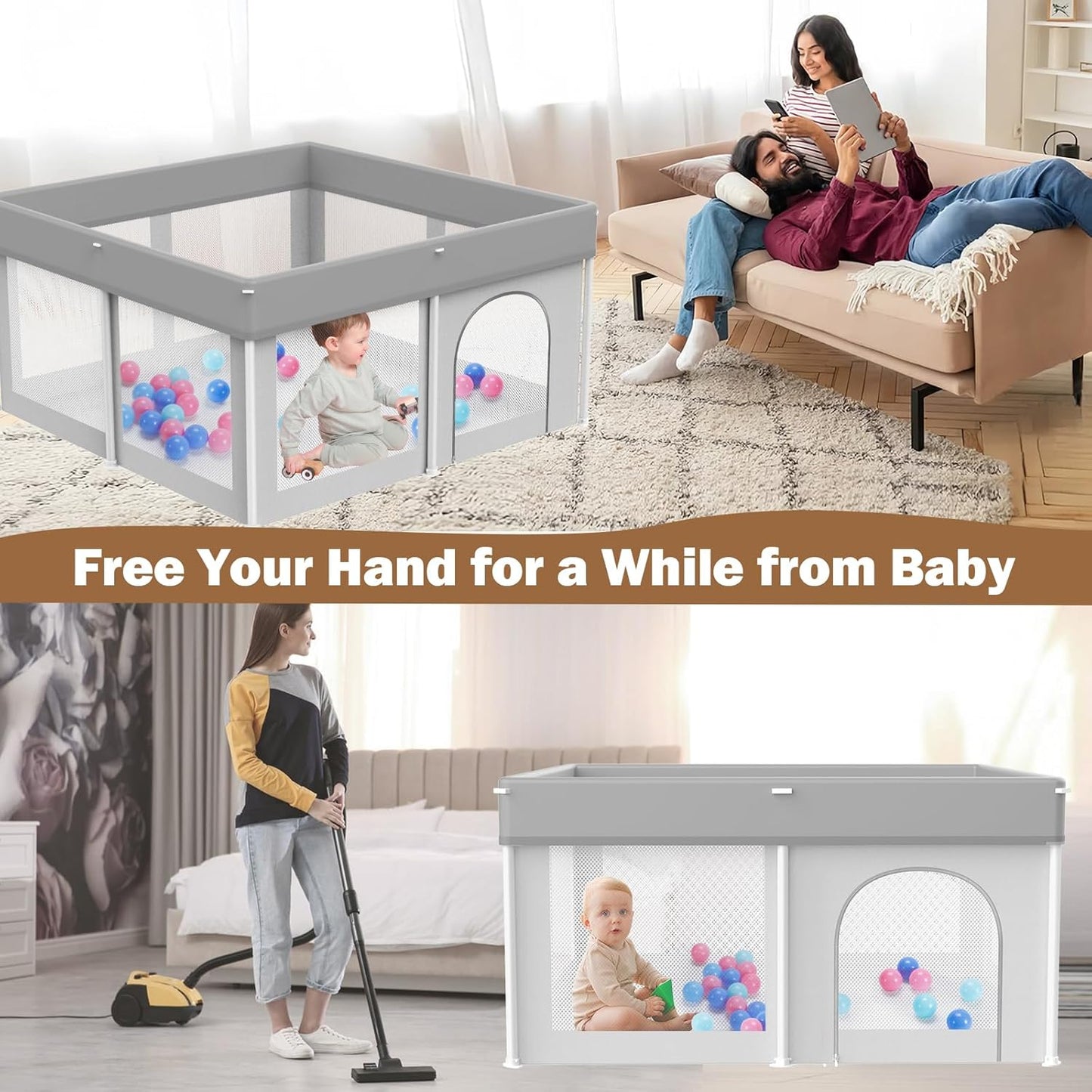Foldable Baby Playpen 50"×50", Playard for Babies and Toddlers, Portable Safety Baby Fence Lightweight,No Installation, Indoor & Outdoor Playpen with Ocean Balls*50, Grey