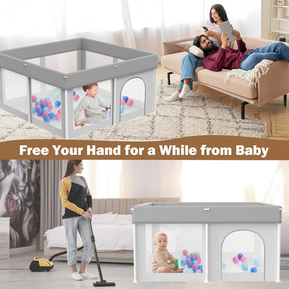 Foldable Baby Playpen 50"×50", Playard for Babies and Toddlers, Portable Safety Baby Fence Lightweight,No Installation, Indoor & Outdoor Playpen with Ocean Balls*50, Grey