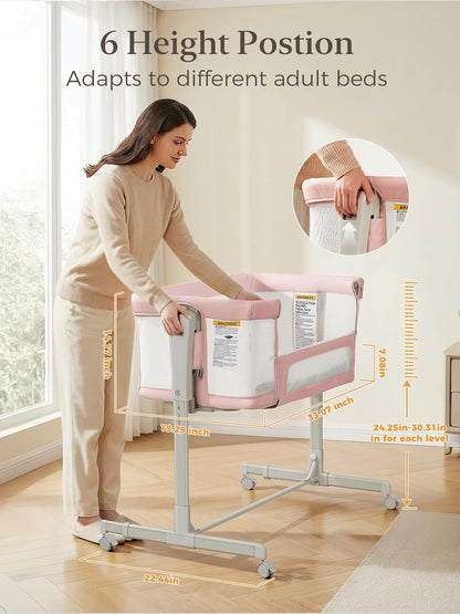 ONTHEWEI Baby Bassinet Bedside Sleeper 3-in-1, Easy Night Feeding with One-Side Fold & Rolling Wheels, Breathable Mesh, 6-Height Adjustable, Soft Mattress for Newborns
