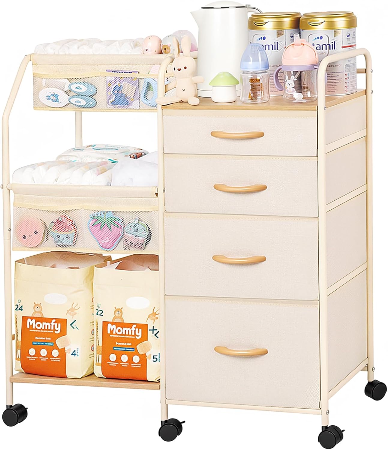 Fabuday Baby Diaper Caddy Organizer Cart - 4 Tier Rolling Diaper Cart with Wheels, Baby Essentials Organizers and Storage, Mobile Utility Carts for Bedside, Crib Nursury, Bedroom, Changing Table