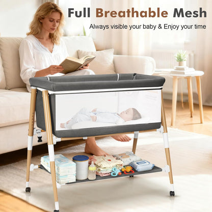 Baby Bassinet, 3 in 1 Bedside Bassinet Sleeper for Newborn, Portable Baby Crib with 4 Detachable Wheels & Adjustable Height, Breathable Mesh & Mattress, Mosquito Net& Storage Basket (Grey)