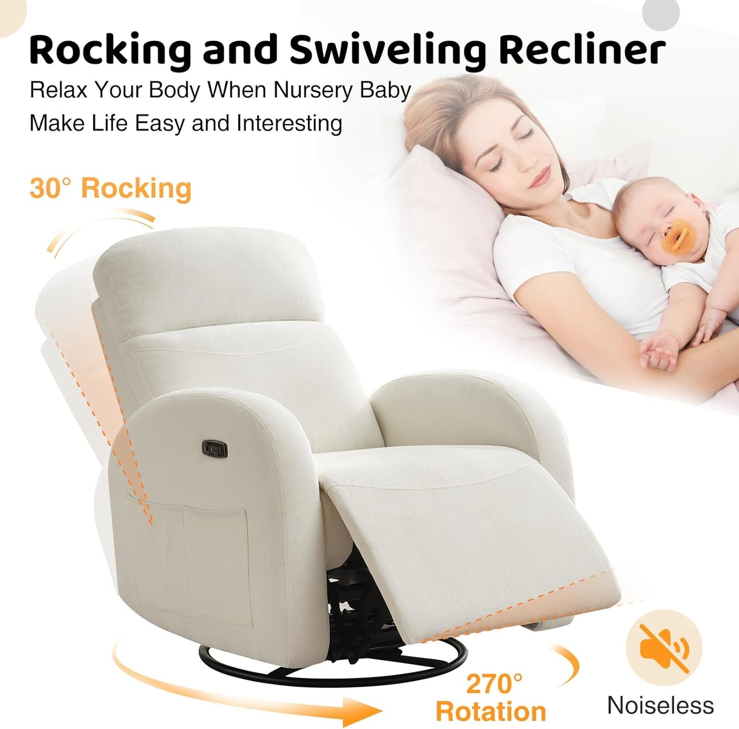 Swivel Rocker Recliner Chair, Rocking Recliner for Nursery with Side Pockets, Manual Swivel Reclining Nursery Glider Chair for Breastfeeding Living Room, Camel Chenille