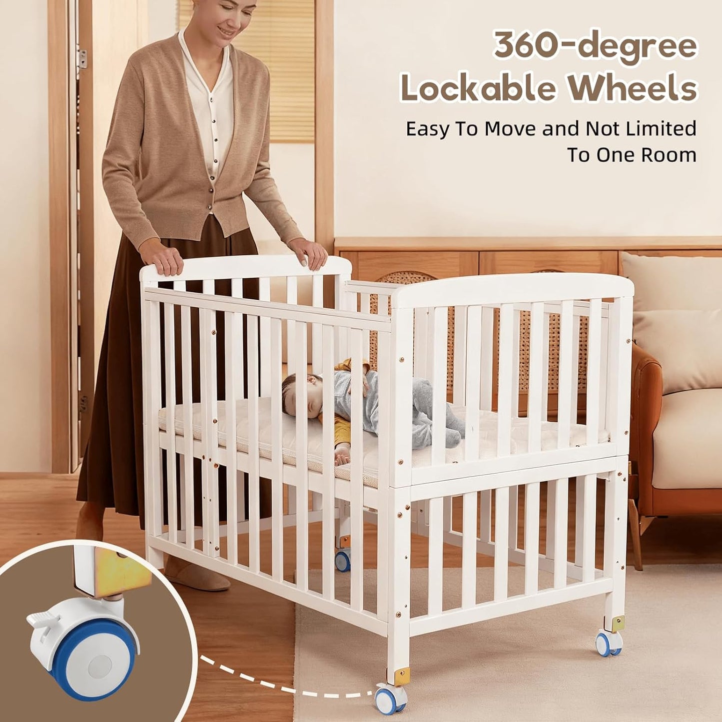 Flwrgirl Baby Bassinets Bedside Sleeper - Portable Pine Wood Bedside Bassinet with Mattress,3 Heights Small Mini Crib,Baby Crib for Newborns,Unpainted | Pine Wood Bassinet, Mattress Included, 3-IN-1 Convertible, Adjustable Height, Locking Wheels, Portalbe