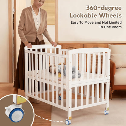 Flwrgirl Baby Bassinets Bedside Sleeper - Portable Pine Wood Bedside Bassinet with Mattress,3 Heights Small Mini Crib,Baby Crib for Newborns,Unpainted | Pine Wood Bassinet, Mattress Included, 3-IN-1 Convertible, Adjustable Height, Locking Wheels, Portalbe