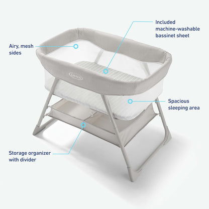 Graco® DreamMore Bedside, Newborn, Travel, Portable Bassinet for Newborn Babies to 6 Months, Willow