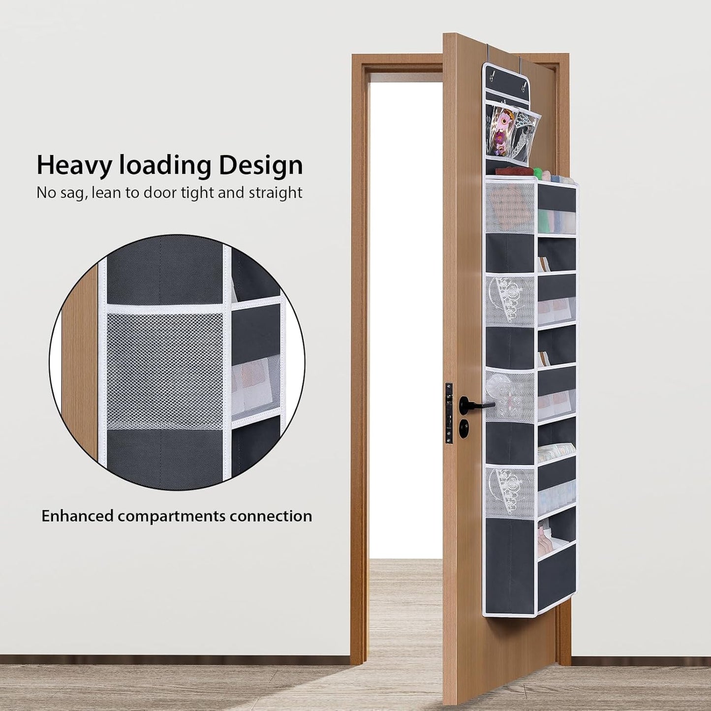Univivi Over The Door Organizer, 5 Shelf Door Hanging Organizer Nursery Door Storage with 4 Large Compartments and 2 Small PVC Pockets 6 Side Pockets for Bathroom,Cosmetics and Nursery Baby Essential