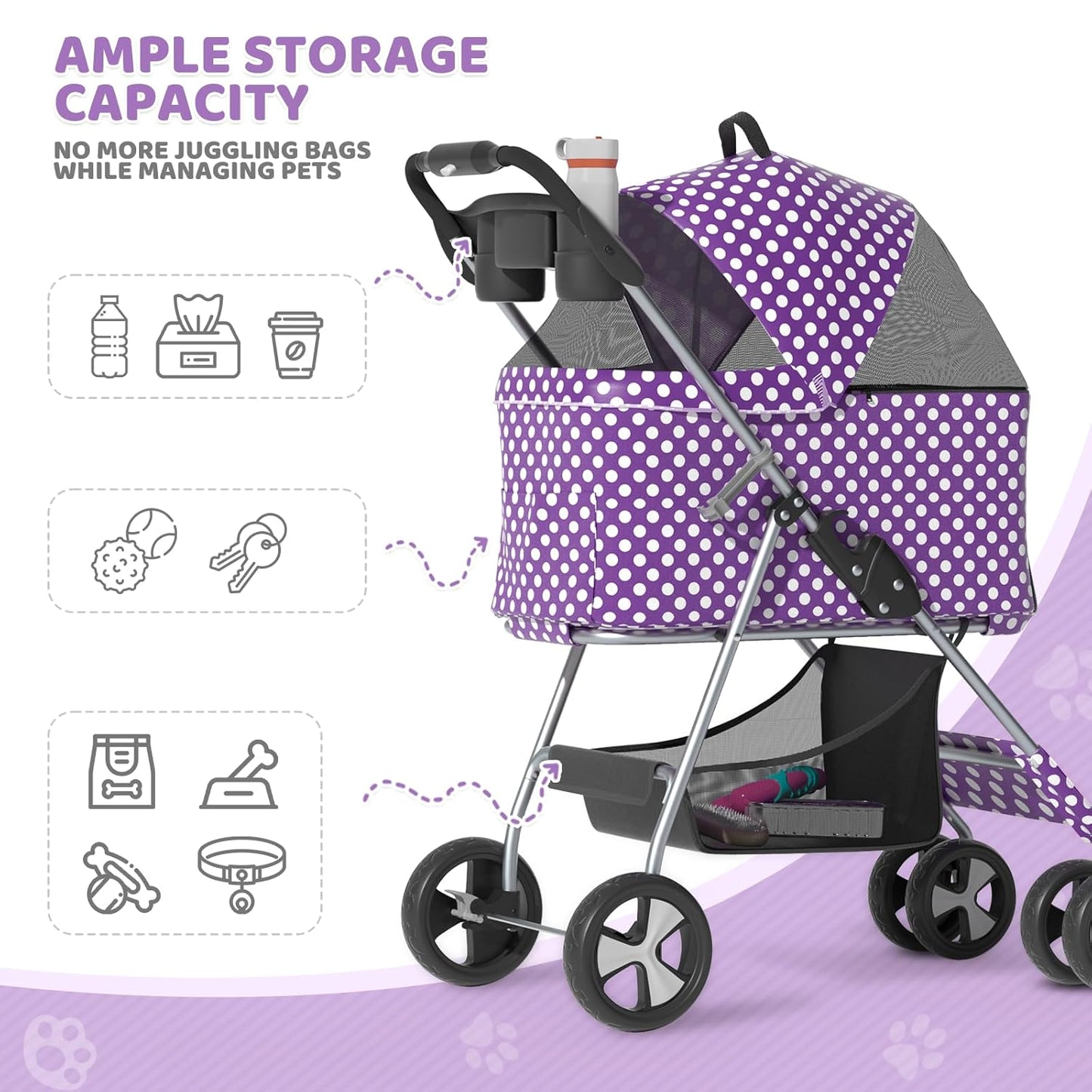 Magshion Compact Pet Stroller for Small-Medium Dogs/Cats up to 22lbs, 4-Wheel Lightweight Umbrella Shaped Portable Puppy Travel Jogger with Breathable Mesh, Cup Holder & Rear Storage, Black
