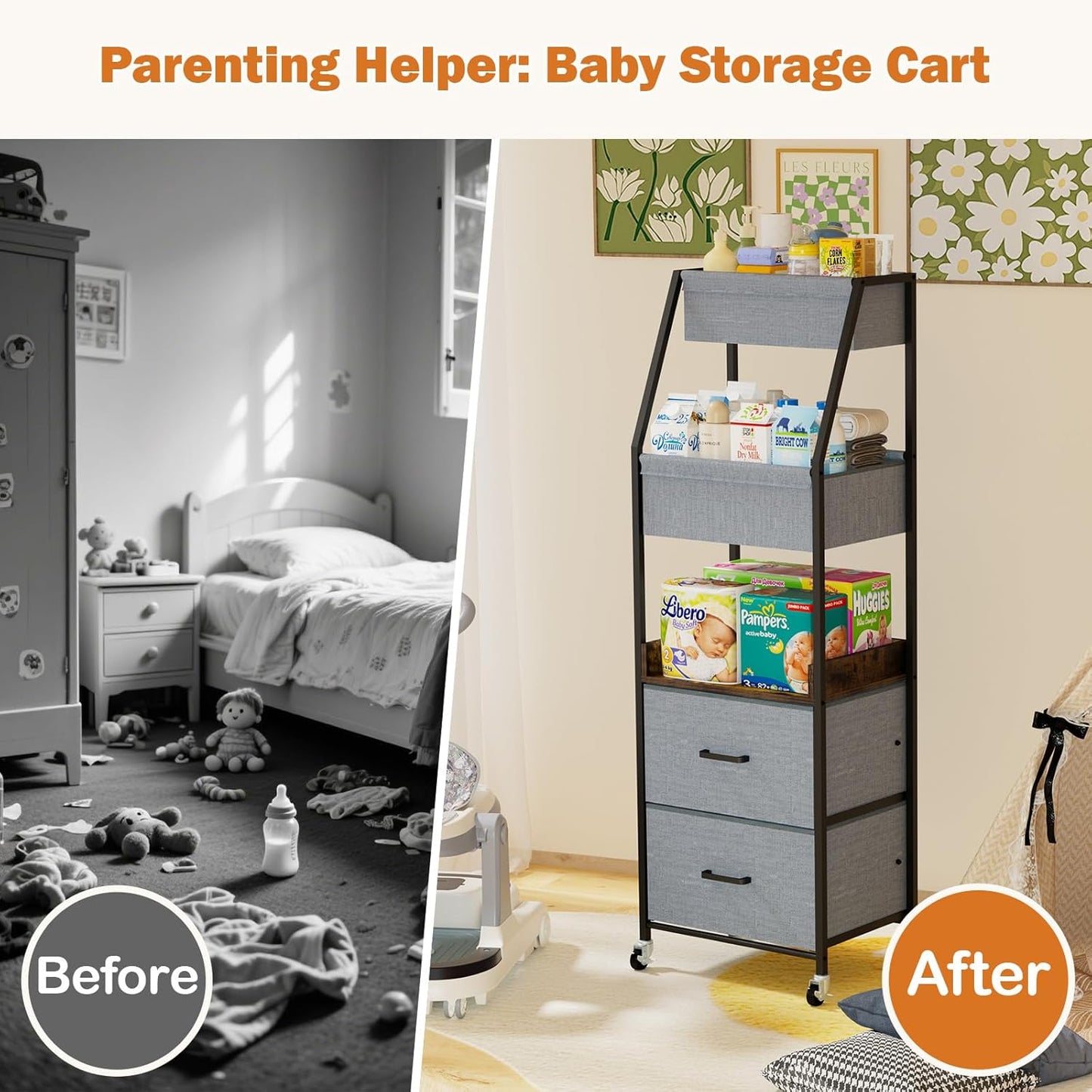 Baby Diaper Caddy Organizer and Storage - 5 Tier Rolling Cart with Dividers and Drawers, Mobile Utility Cart with Wheels for Nursery, Bedroom, Changing Table & Crib
