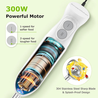 Bonsenkitchen Hand Blender, Immersion Blender with 2 Mixing Speed, Electric Handheld Mixer Portable Stick Mixer with Stainless Steel Blades for Soup, Smoothie, Puree, Baby Food
