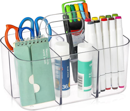 Multiuse Caddy Organizer with Handle, Portable Divided Plastic Tote Bin - Art Craft, Stationary Pen Marker Crayons, Makeup Hair Supplies Storage - Bathroom, Classroom, Dorm, Office, Desk Holder - Pink