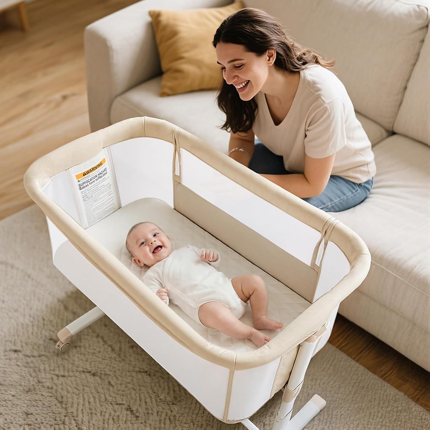 Kinder King Baby Bassinet Bedside Sleeper, Newborn Baby Bedside Crib w/Wheels, All-Sided Mesh, Adjustable Height, Removable Soft Mattress, No Tool to Assemble, Grey