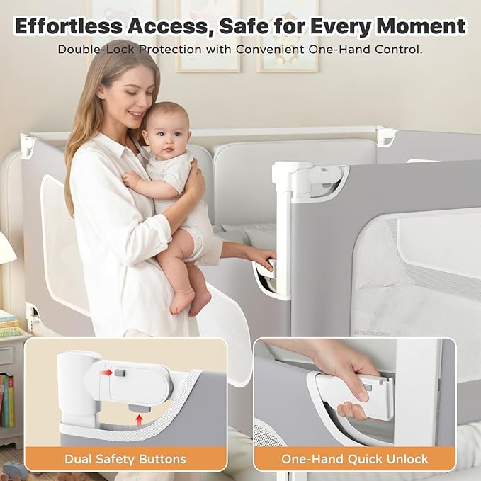 MagicFox 3 Piece Full Size Bed Rail for Toddlers, Upgraded Height Adjustable Baby Bed Rail Guard, Thickened Child Safety Bed Rails for Full Size Beds (74.8"x74.8"x54" Gray)