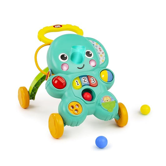Bright Starts Stroll 'n Roll 2-in-1-Ball Push Walker – Includes 3 Toy Balls, Elephant with 70+ Songs & Sounds, 7 Activities - Ball Drop, Piano, Spinner, Flip Book & More