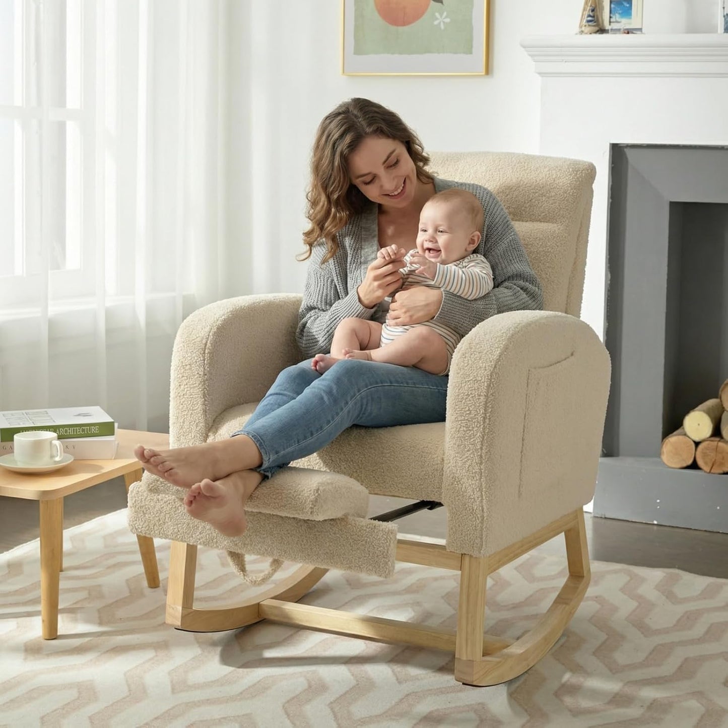 NIOIIKIT Modern Nursery Rocking Chair, Teddy Upholstered Rocking Chair with Footrest, Comfortable Rocker Recliner with Side Pocket, Rocker Glider for Living Room, Bedroom, Nursing Room (Apricot)
