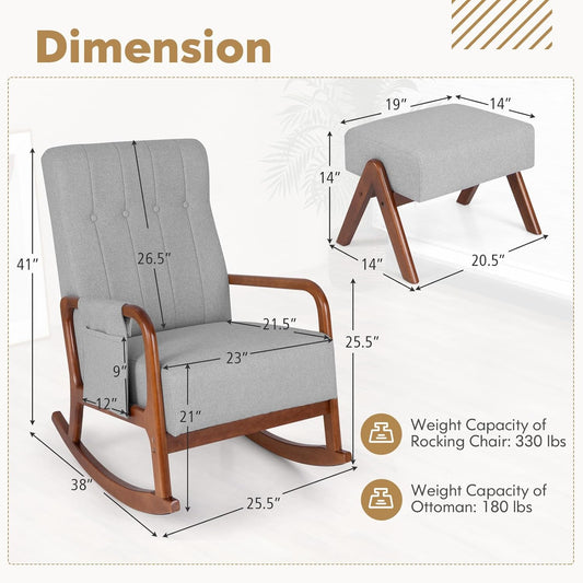 Giantex Rocking Chair with Ottoman, Upholstered Rocker Chair w/Solid Rubber Wood Frame, Side Pocket, Linen Nursery Chair w/Footrest, Tufted Glider Chair for Living Room, Bedroom, Grey