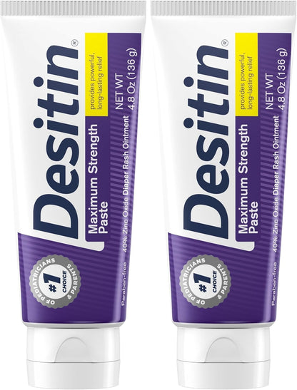 Desitin Maximum Strength Baby Diaper Rash Cream, 40% Zinc Oxide, Hypoallergenic No Added Parabens & Dyes, Protects & Relieves Baby’s Skin for Up to 12 Hours, Prevents Diaper Rash, 4.8 oz Tube